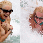 Lindsay Lohan deixa seio à mostra ao escapar de 'caldo' na praia.