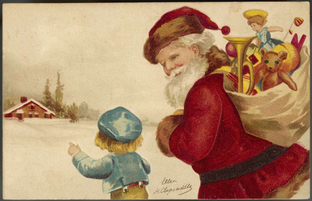 Father Christmas Delivering Xmas Presents. Date: 1910